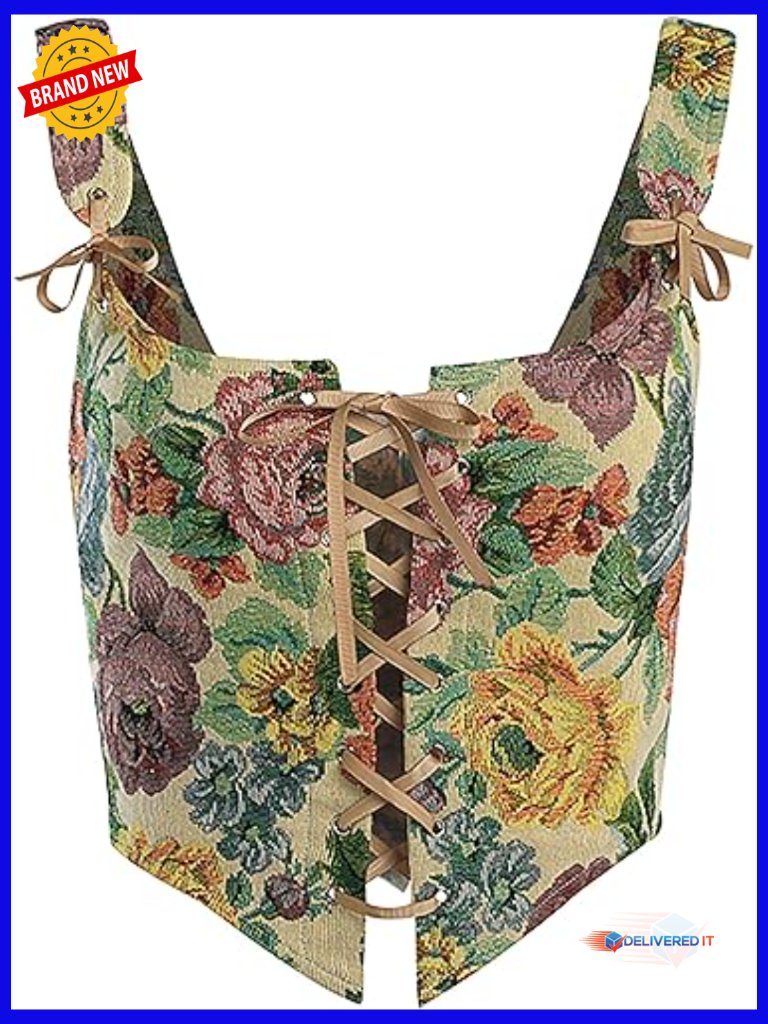 Vintage Floral Lace Up Corset Bustier Shapewear Top Wire-Free